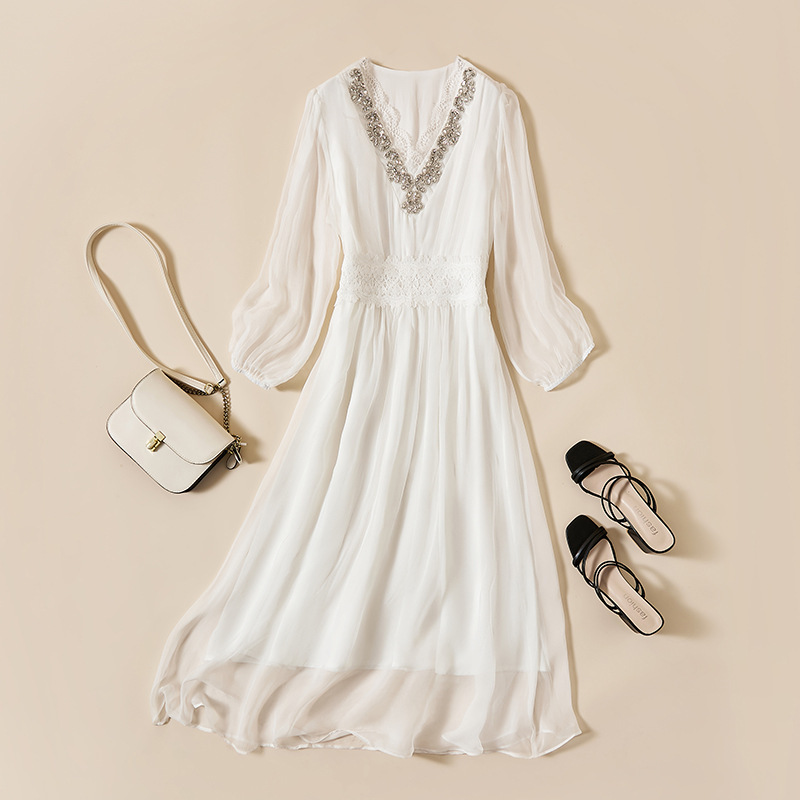 Inaer Handmade Beaded Mulberry Silk Dress White Silk Skirt Lace Waist Slimming Fairy Style Goddess Style