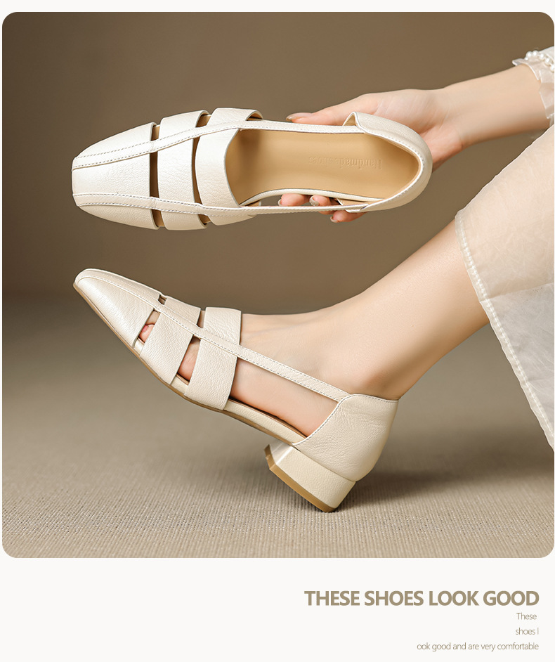 Dép sandal nữ bao đầu rỗng gót thấp 3 cm, mũi tròn kiểu dệt, phong cách đơn giản đi làm — đen chi tiết 11