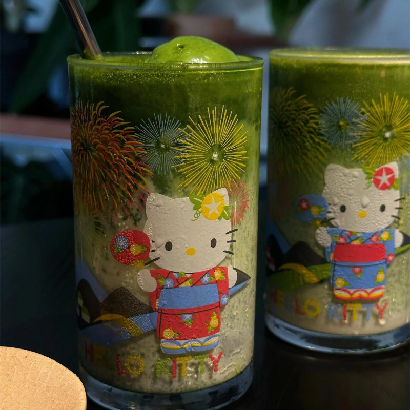 可爱helloKitty猫夏日繁花玻璃杯中古高颜值果汁牛奶喝水杯子|undefined