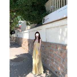 法式黄色扎染吊带连衣裙女夏季多巴胺裙子清冷感气质海边度假长裙