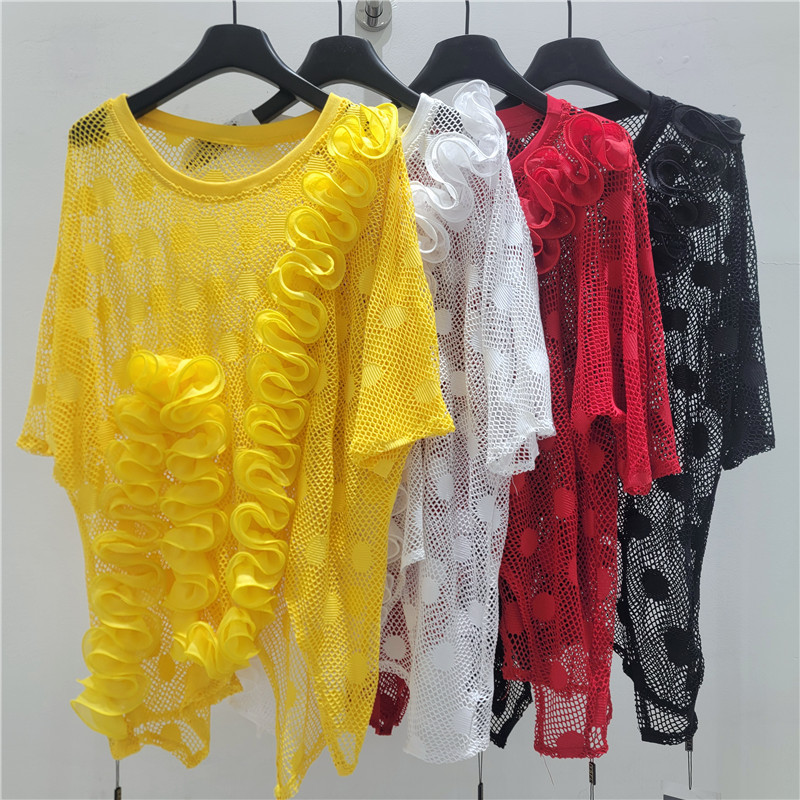 Jacquard estereoscópico hueco suelto gran tops de manga corta, camiseta de malla única de alta calidad para mujeres