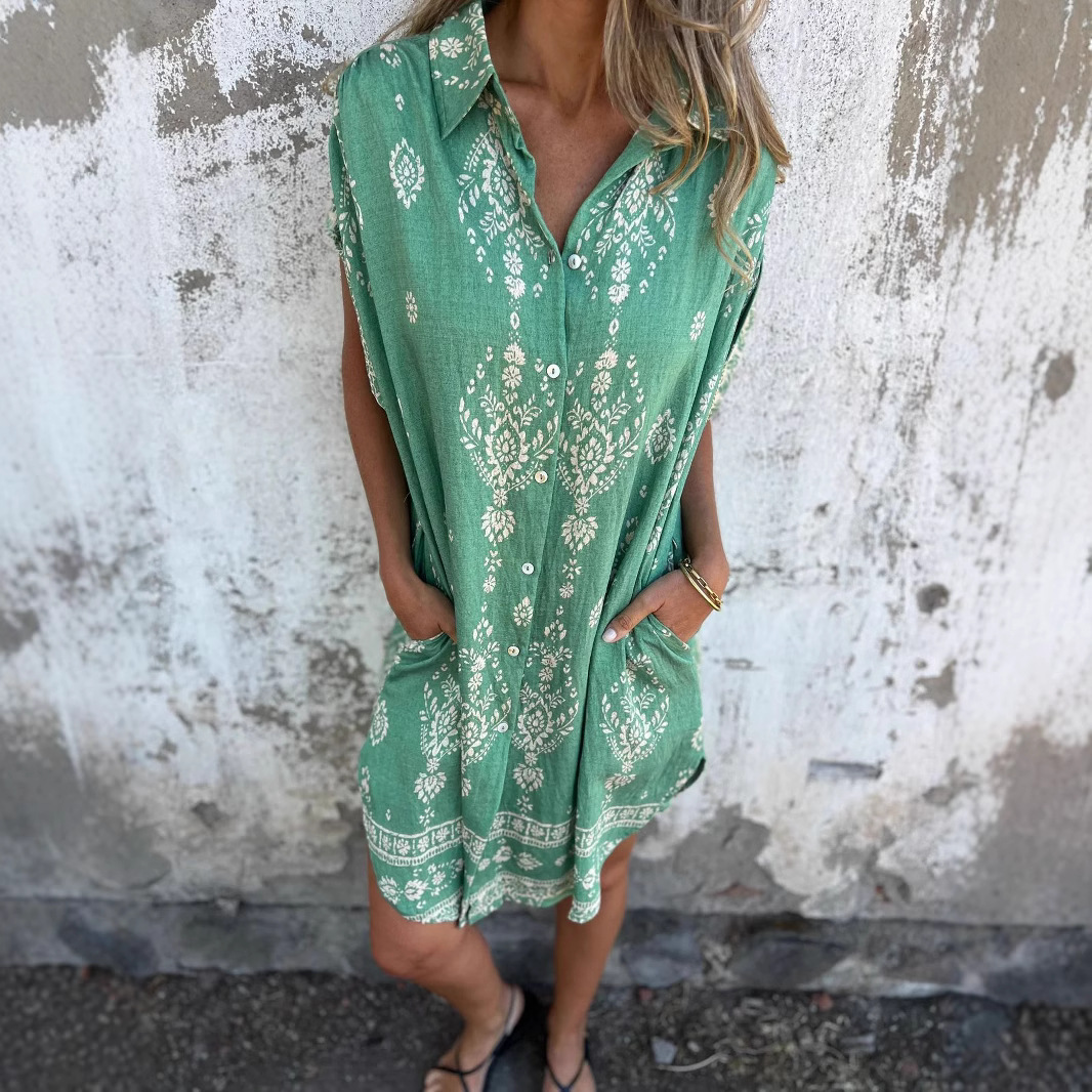 Women's Summer Casual Cotton Linen Shirt Loose Fit Short Sleeve Print Dress With Pocket_ecoleips.com