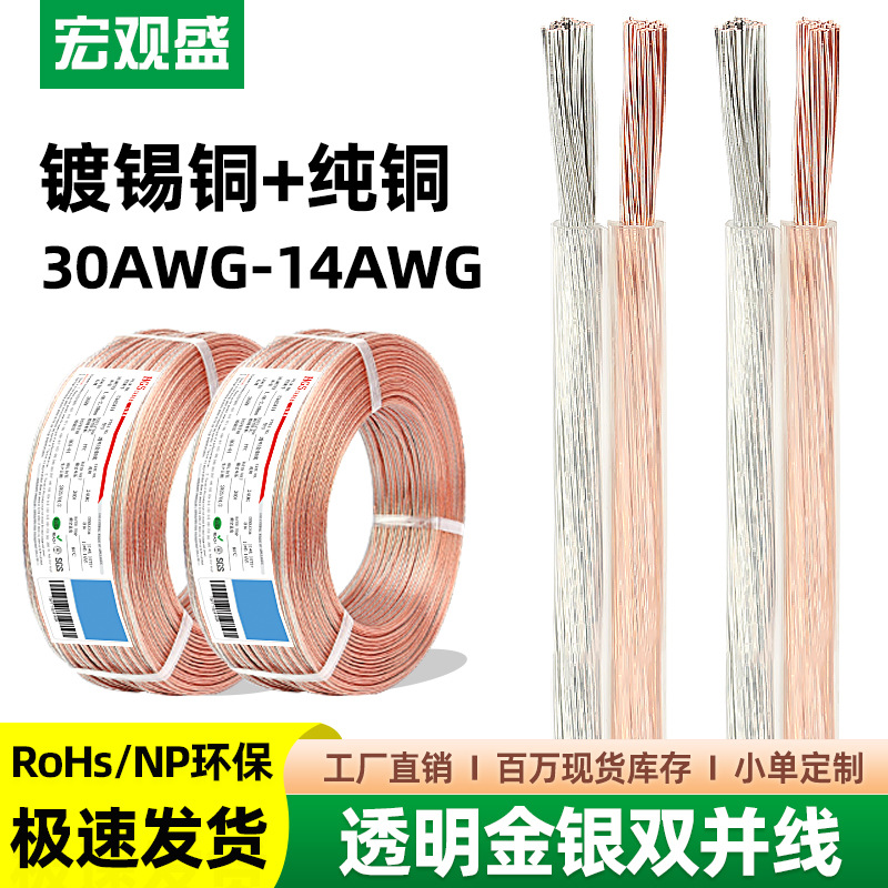 宏观盛供应透明双并线纯铜两芯喇叭线金银线灯具音响透明色电子线