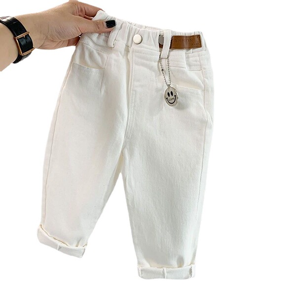 White children's autumn denim trousers for boys