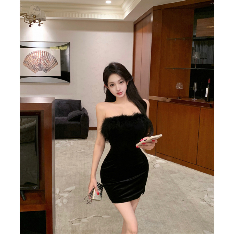 现货实拍曜夜黑天鹅性感修身鸵鸟毛丝绒抹胸裙连衣裙夜店辣妹热销