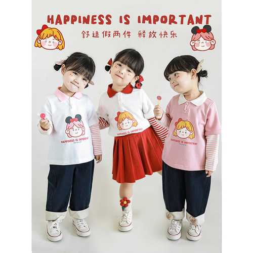 Wuli Buyi Girls' fake two-piece autumn casual T-shirt Korean style striped small lapel cartoon printed T-shirt top