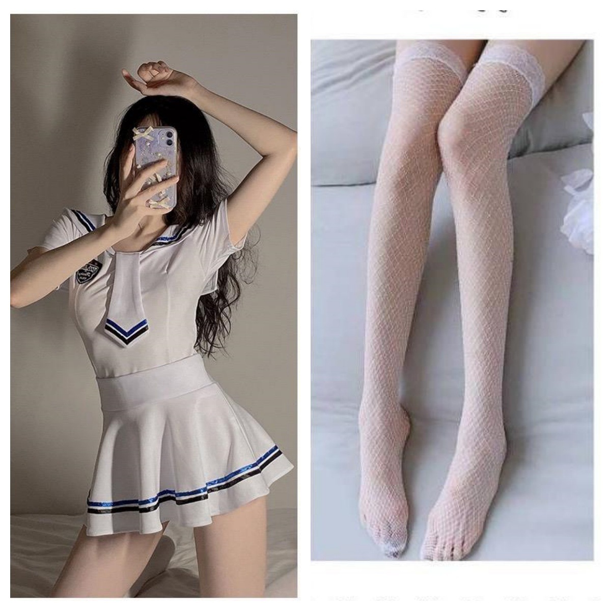 흰색 잠옷 정장 + 흰색 망사 스타킹