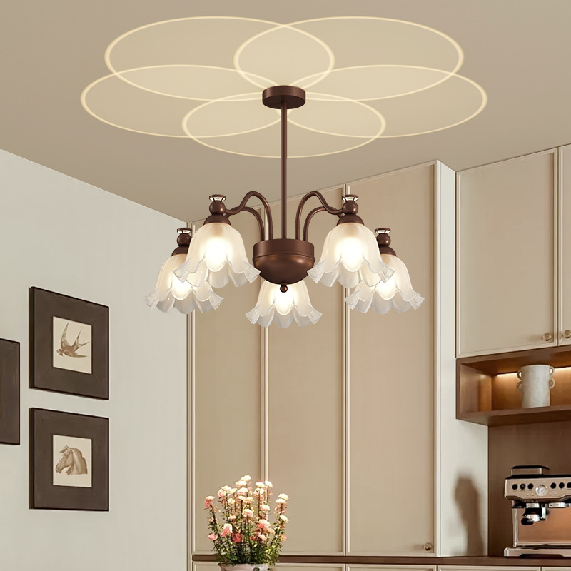 Candelabro de estilo crema retro francés flores celebridades de Internet atmósfera vidrio sala de estar atmósfera lámpara de comedor sala de estudio lámpara de dormitorio