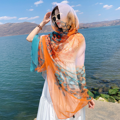 Silk scarf for women spring and summer new versatile fashion scarf long thin shawl foreign style gauze scarf ethnic style photo sun protection