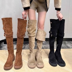 膝上レトロツーウェア折りたたみ厚底ウエスタンブーツ秋冬新作レザーベルベットブーツ太ヒールブーツナイトブーツ