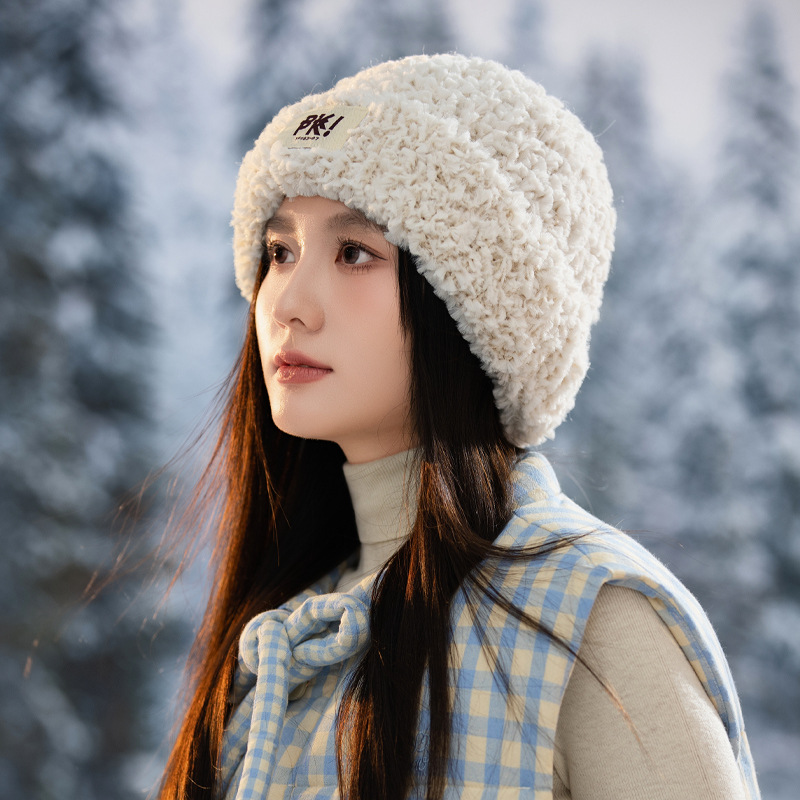 Autumn Winter New Cute Stretchy Knitted Korean Style Versatile Plush Outdoor Windproof Warm Pullover Hat_voghion.com