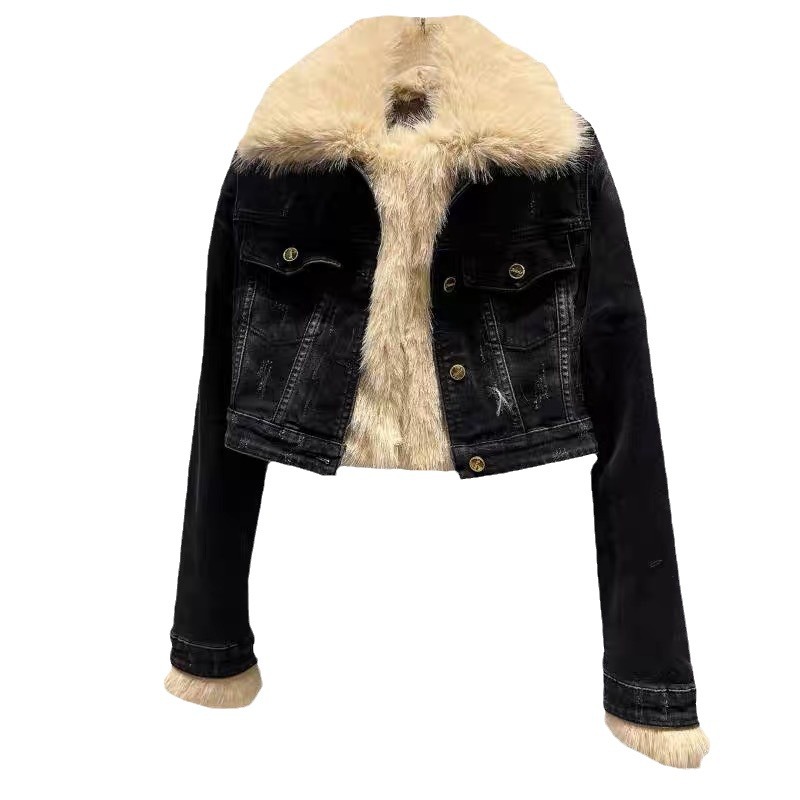Kleinkind Mädchen Kleidung umweltfreundliche Pelzkragen Futter abnehmbare Jeansjacke Kurzmantel Top_voghion.com