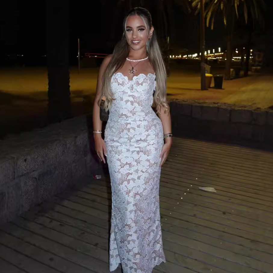 Cross-border European and American women's fashion lace dress temperament slim wrap chest strap dress party dress