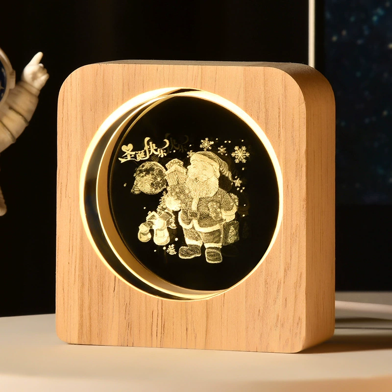 [跨境星球小夜灯3D图案内雕发光水晶桌面摆件木质底座景观节日礼物]