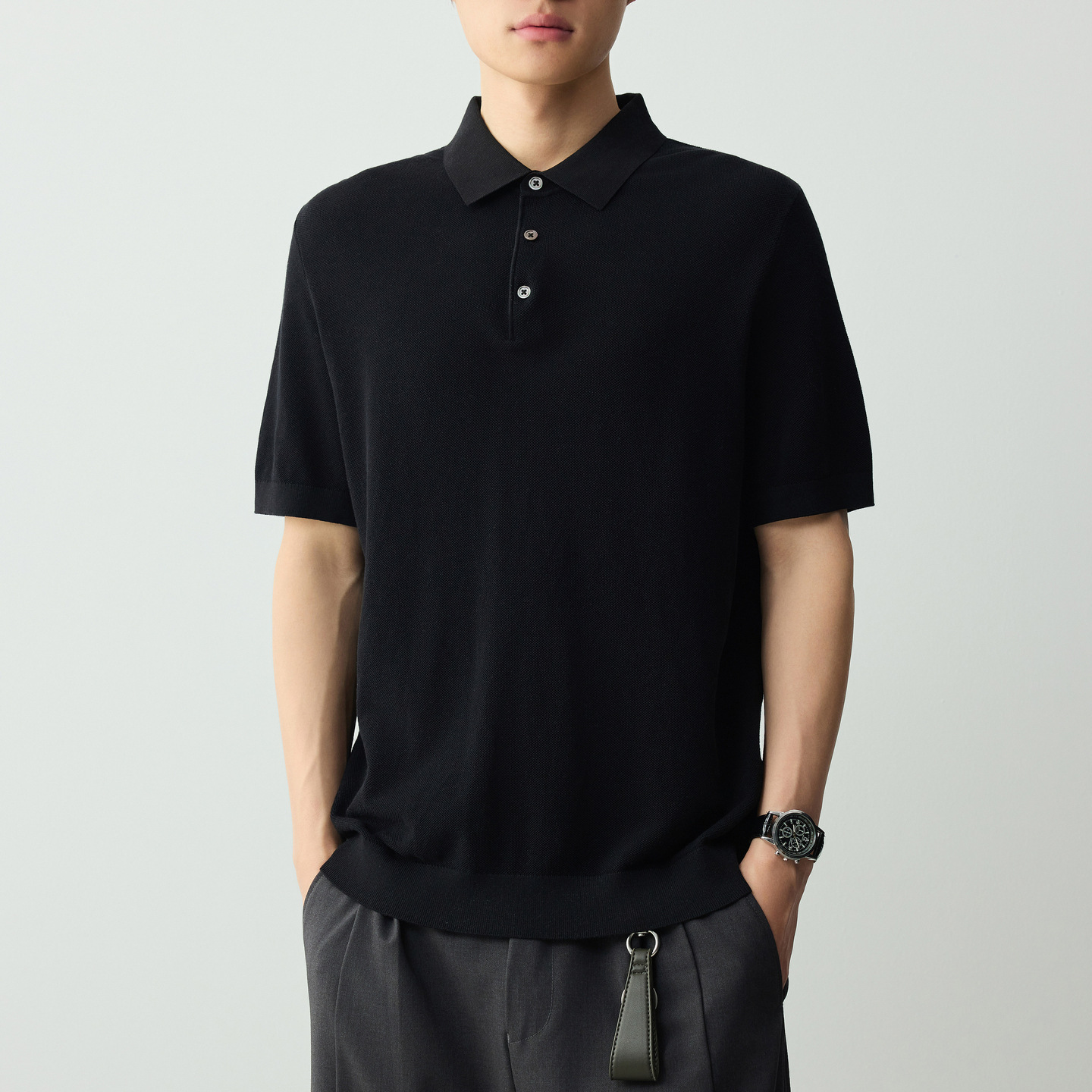 Áo polo nam tay ngắn chất liệu cotton pha tơ tằm phong cách cổ điển — đen