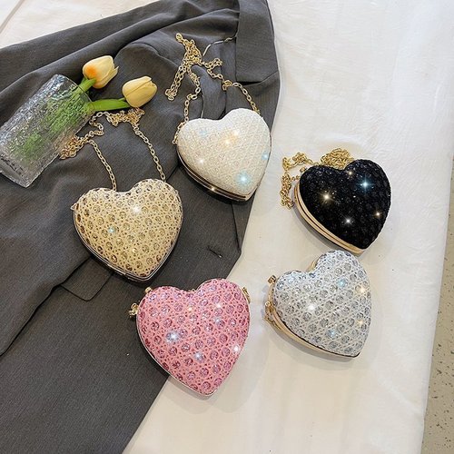 One-time Delivery Evening Bag with Heart Shiny Diamond Western and European Fashion Chain Lady Single Shoulder Crossbody Accessory Bag Cross-border Women's Bag