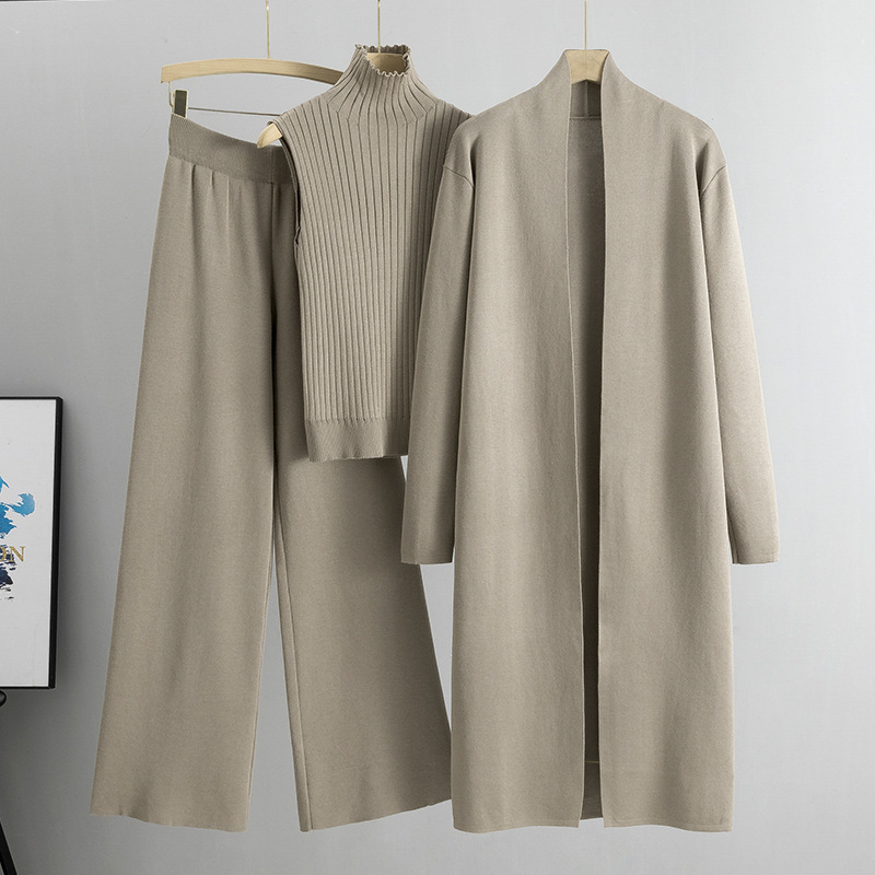Cross-Border European Station Foreign Trade Women's Casual Knit Suit Autumn and Winter New Sweater Jacket Wide-Leg Pants Three-Piece Set