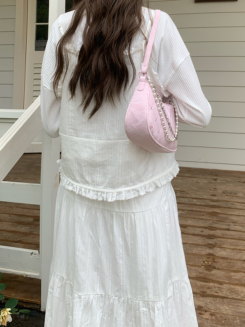 181g Weight Pearls, Sewing Thread, Chain Fashion Element Zipper Closure Type Single Shoulder Strap Strap Type Shoulder Bag Bags Type Casual, Daily, Shopping Occasion Pu Leather Material Solid Color, Bow Knot Pattern All Seasons Season Women's Gender Cute Style Square Shape Women's Pu Leather Solid Color Bow Knot Cute Pearls Sewing Thread Chain Square Zipper Shoulder Bag 5