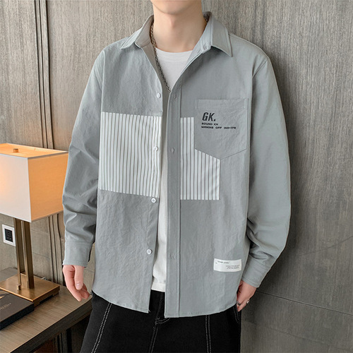 Men's Long-Sleeve Shirt for Spring and Autumn | Instagram-Fashion Brand Workwear Style | Autumn Edition Cool & Edgy Patchwork Blouse Top + Outerwear