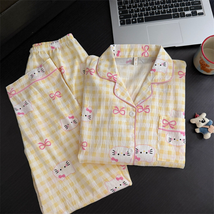 云朵棉三件套装夏季新款甜美可爱波点kt猫开衫翻领家居服女可外穿|undefined
