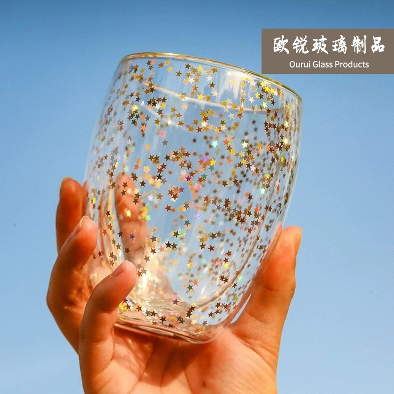 Vidrio del hogar taza estrellado vidrio café leche taza de jugo fabricantes de suministro de vidrio de doble capa taza