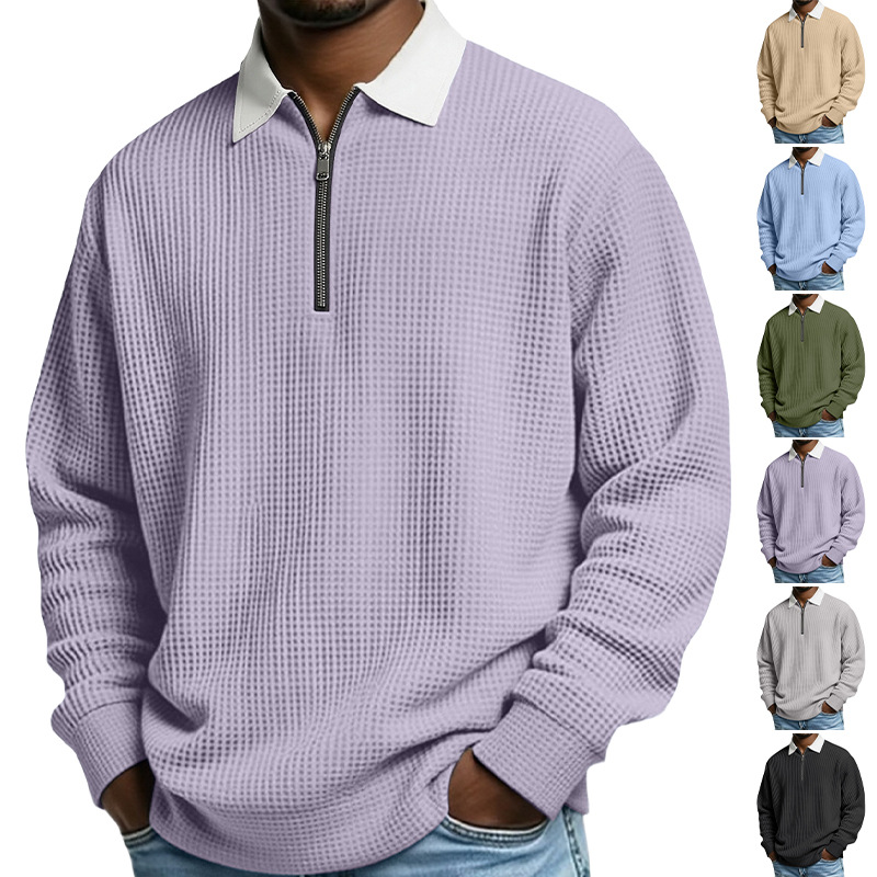 Europa y los Estados Unidos de la nueva primavera de hombres con solapa semiacremallera Waffle color superior americano casual comercio exterior jersey