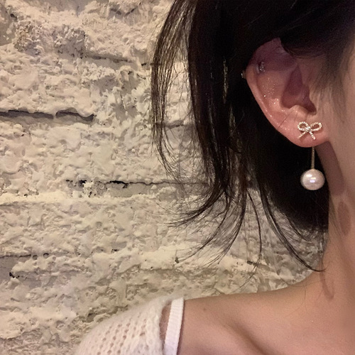 Light luxury niche high-end long tassel earrings for women, versatile temperament, micro-studded diamond bow earrings, stud earrings