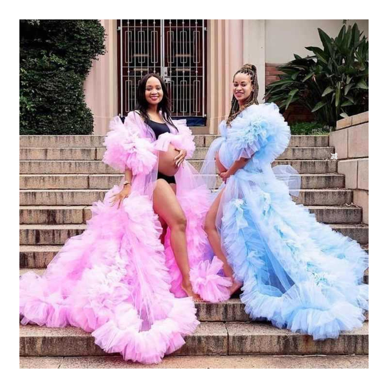 European and American Southeast Asia hot-selling colorful yarn three-dimensional pleated tail morning gown online shooting robe pregnant women leisure long dress