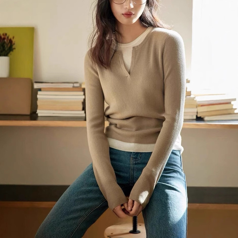 Temperament Commuter Merino Wool Pullover Fake Two-Piece Knitted Shirt Women's Spring and Autumn Long-Sleeved Sweater Top