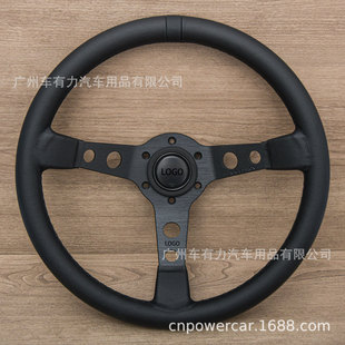 Cross-Border Hot-Selling Universal Car 14inch Leather Steering Wheel Matte Jdm All-Black Concave Steering Wheel