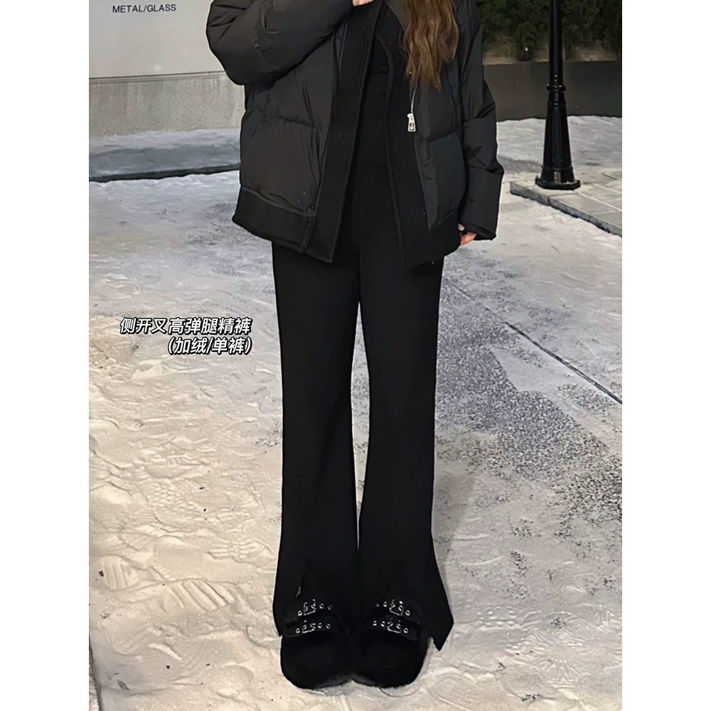 Весенний сезон 2025, новые повседневные брюки с высокой талией и разрезом для похудения, большие размеры, элегантные длинные расклешенные брюки в стиле ретро