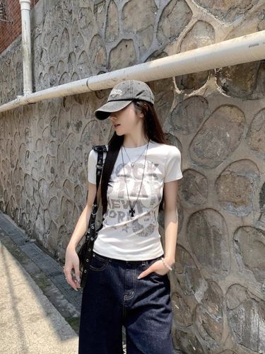 [210g, 40-count Pure Cotton] White Letter-Printed Crew-Neck Short-Sleeve T-Shirt for Women – Summer, Slim-Fit, and Figure-Slimming Fashion Top