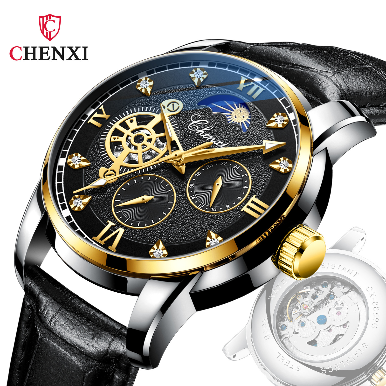 Chenxi negocio hueco reloj mecánico automático de los hombres de la luna correa de cuero impermeable reloj luminoso moda transparente inferior