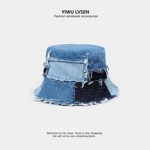 Japanese designer boutique style ragged denim patchwork color-block fisherman hat fashionable street versatile bucket hat