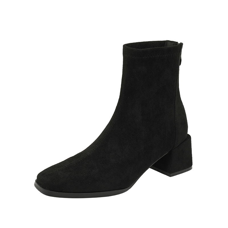 333-1 Autumn/Winter New Korean Fashion Square Headed Short Boots with Velvet Zipper for Women's Thick Heels, Mid Heel, High Heel Boots for Children