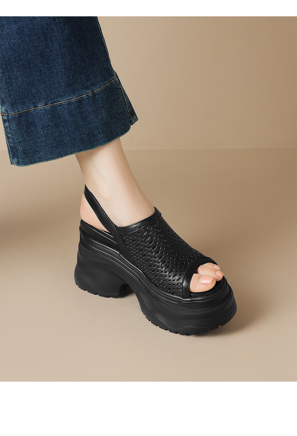 Sandal nữ tăng chiều cao 12cm đế xuồng đan kiểu La Mã hở mũi — Màu đen chi tiết 7