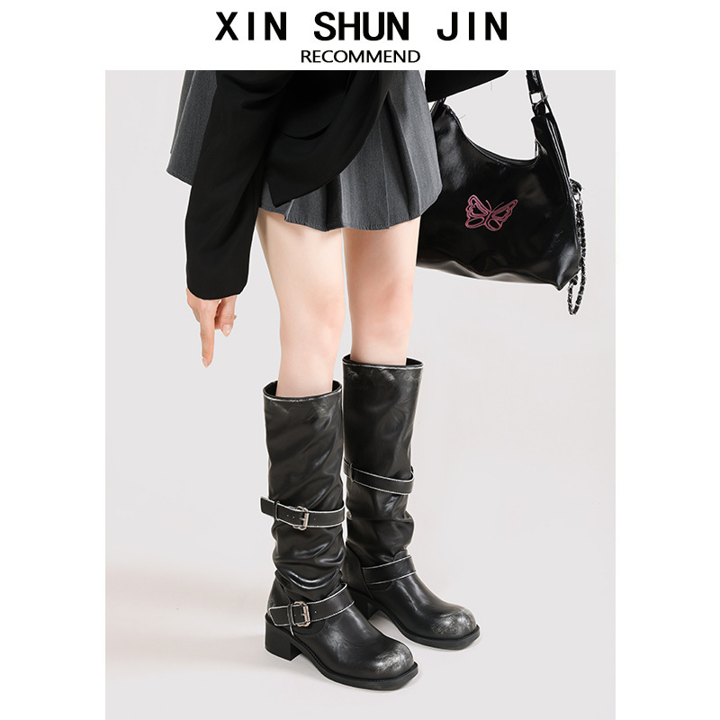 Belt Buckle Slouch Boots with Chunky Heels, 2025 Autumn New Vintage Distressed Mid-Calf Boots, Korean Style Niche Work Boots for Women Belt Buckle Slouch Boots with Chunky Heels, 2025 Autumn New Vintage Distressed Mid-Calf Boots, Korean Style Niche Work Boots for Women