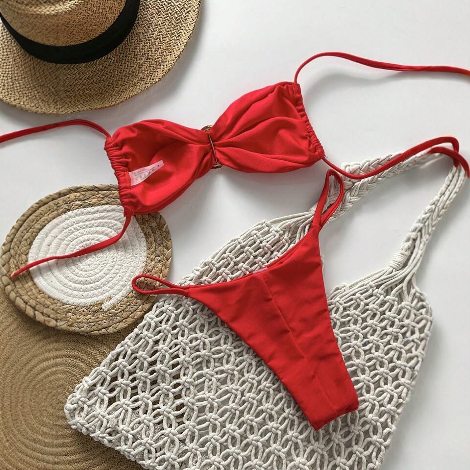 2025 Traje de baño europeo y americano transfronterizo dividido color sólido y doble tela brillante sexy bikini comercio exterior