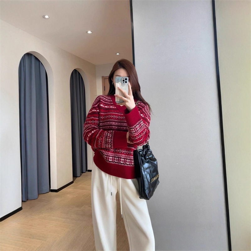 Quality 16-Gauge 100% Wool Vintage Fair Isle Jacquard V-Neck Thick Sweater for Women, New for Autumn/Winter 2025 G121506