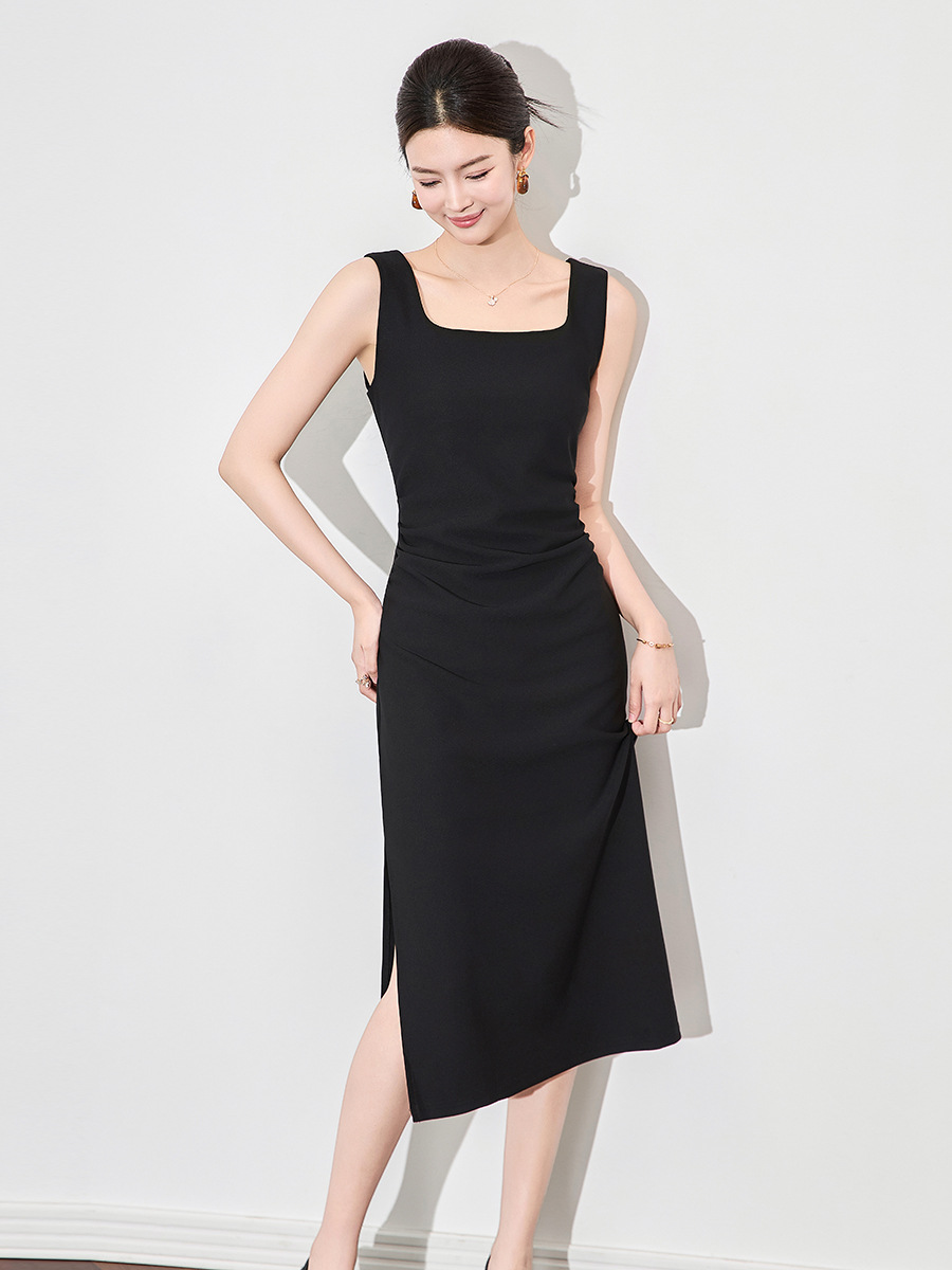 Đầm maxi nữ hai dây cổ vuông kiểu Pháp thắt eo — đen