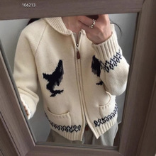 韩版重工卡通翻领拉链针织开衫女2024秋冬新款宽松复古毛衣外套潮