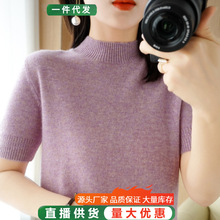 羊毛混纺春夏针织短袖修身小款 养肤半高领套头显瘦通勤打底衫女