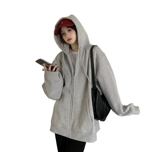 New spring loose Korean style oversize gray hooded sweatshirt women's zipper jacket women's foreign trade tops wholesale