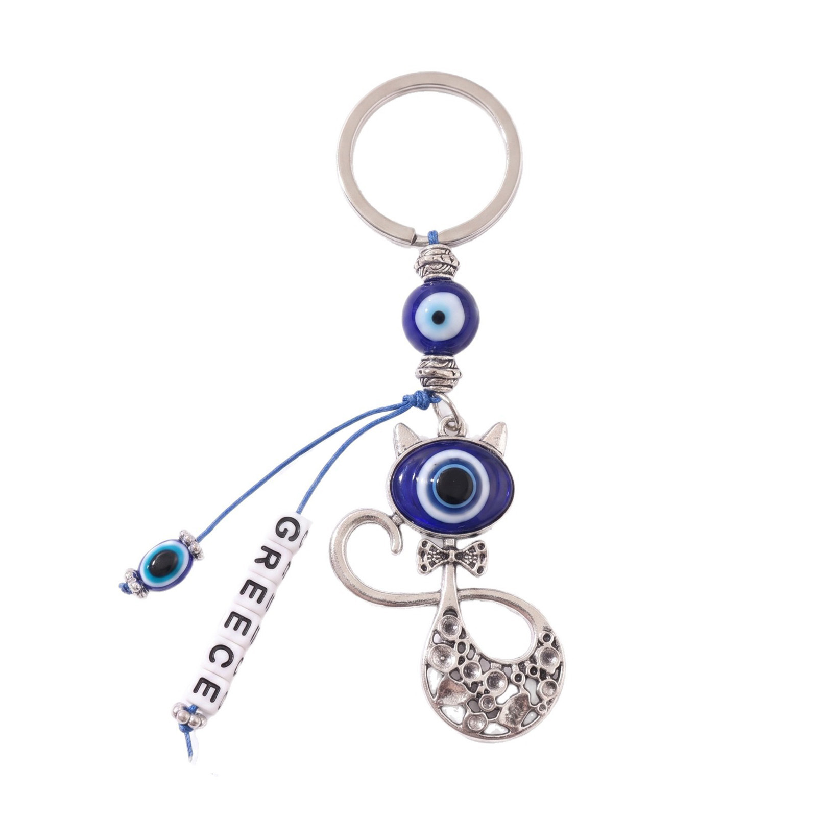 Transfronterizo retro turco ojos azules gatos llaveros letras griegas colgantes bolsas de ojos del diablo colgantes