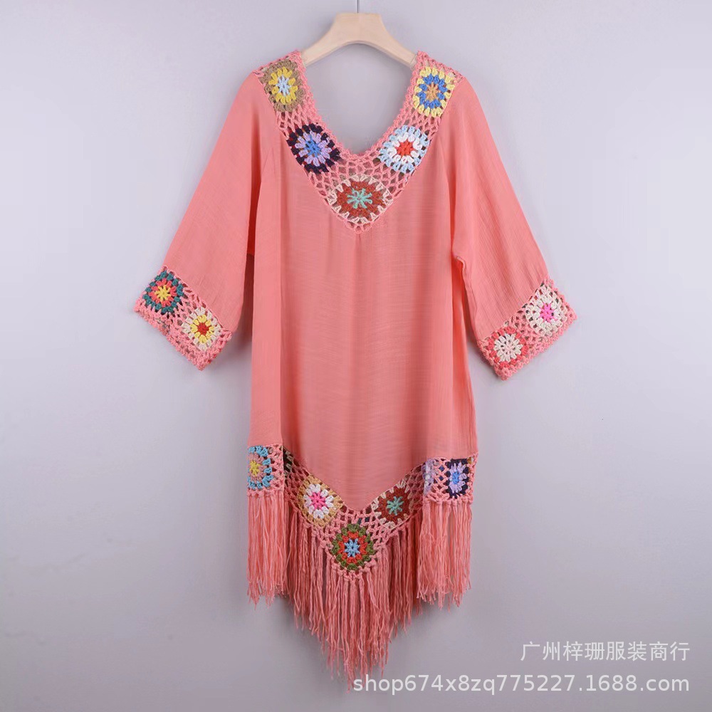Transfronterizo nuevo fuera del hombro tres cuartos manga gancho flor costura borla irregular playa anti-DDoS blusa estilo étnico vestido image 13