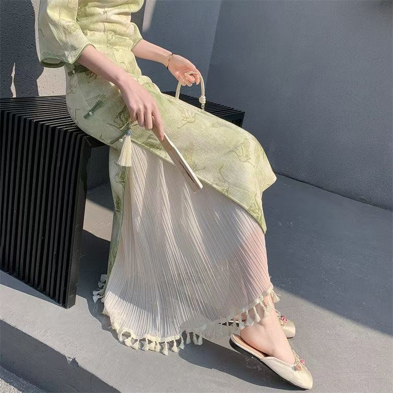 旗袍内衬薄款衬裙流苏花边百褶裙无痕蕾丝仙女半身裙新款打底百搭|undefined