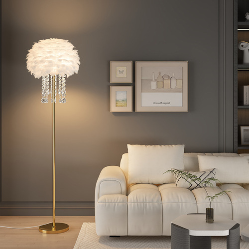 Floor lamp feather crystal light luxury Nordic living room sofa beside bedroom bedside internet celebrity live streaming room warm standing lamp 