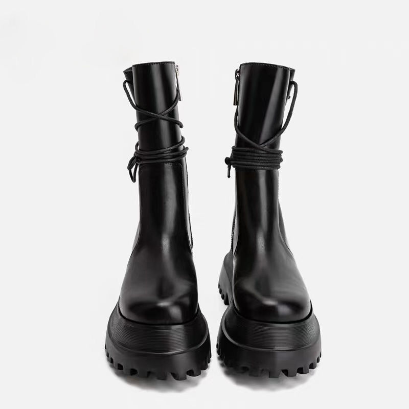 Fashionable Thick-Soled Martin Boots for Women, 2025 Spring New Style, Black Side Zipper Boots, Trendy Lace-Up Mid-Calf Boots