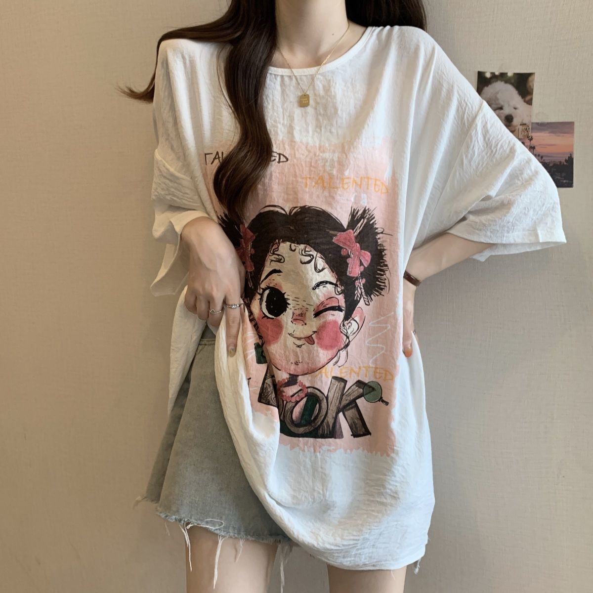Camiseta de seda de hielo de manga corta de mm gordo de gran tamaño para mujer, camisa de fondo con estampado de dibujos animados de longitud media delgada de verano image 7
