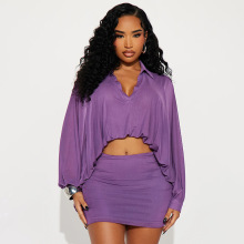 J25ST355欧美女装秋冬新款纯色休闲长袖上衣网眼泡泡摆衬衫裙套装